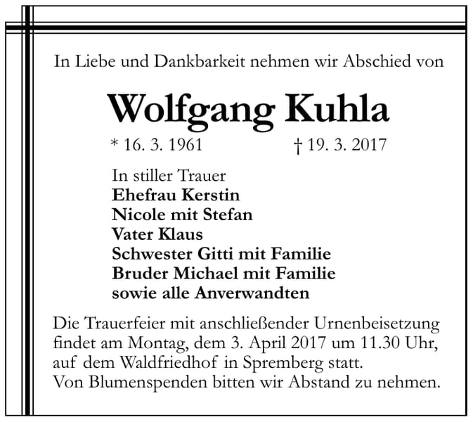 Traueranzeige Wolfgang Kuhla