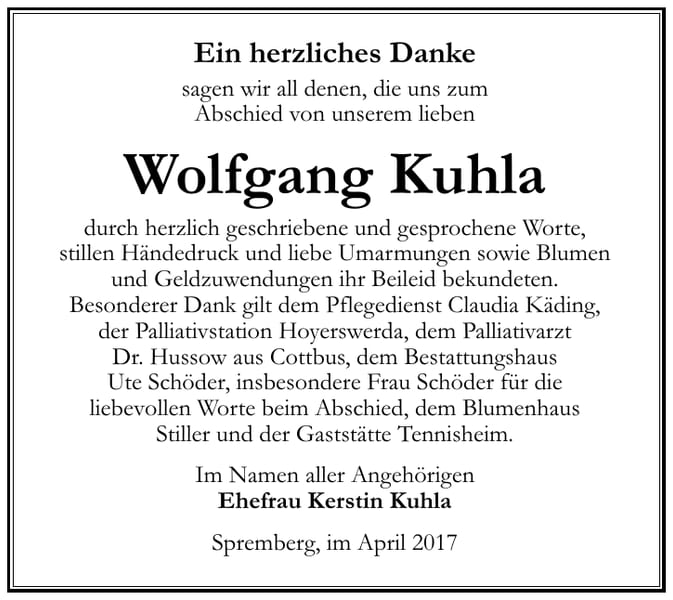 Danksagung Wolfgang Kuhla