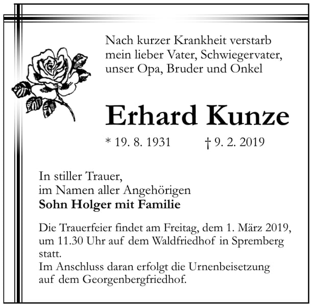 Traueranzeige Erhard Kunze