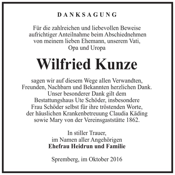 Danksagung Wilfried Kunze