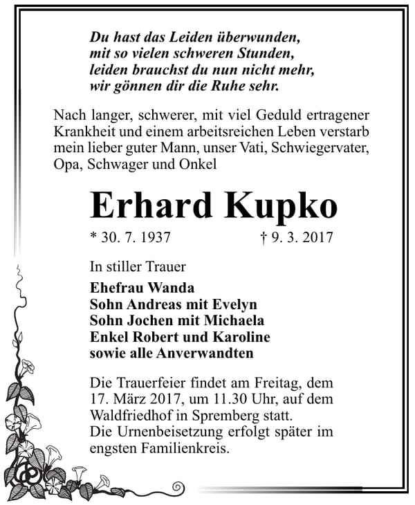 Traueranzeige Erhard Kupko