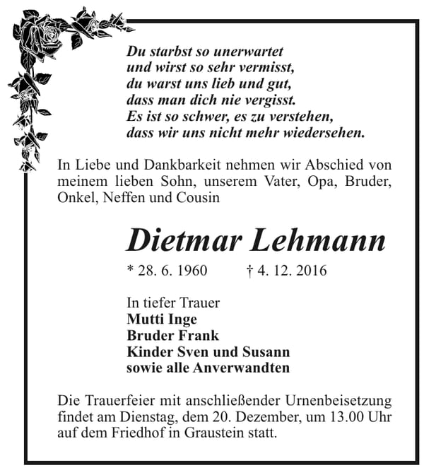 Traueranzeige Dietmar Lehmann
