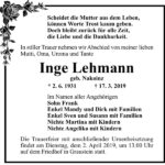 Traueranzeige Inge Lehmann, geb. Nakoinz