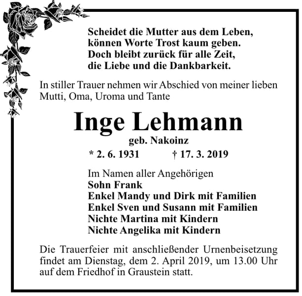 Traueranzeige Inge Lehmann, geb. Nakoinz
