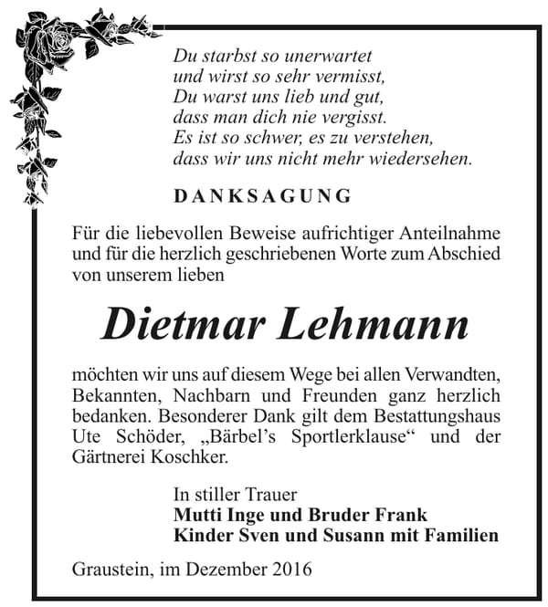 Danksagung Dietmar Lehmann
