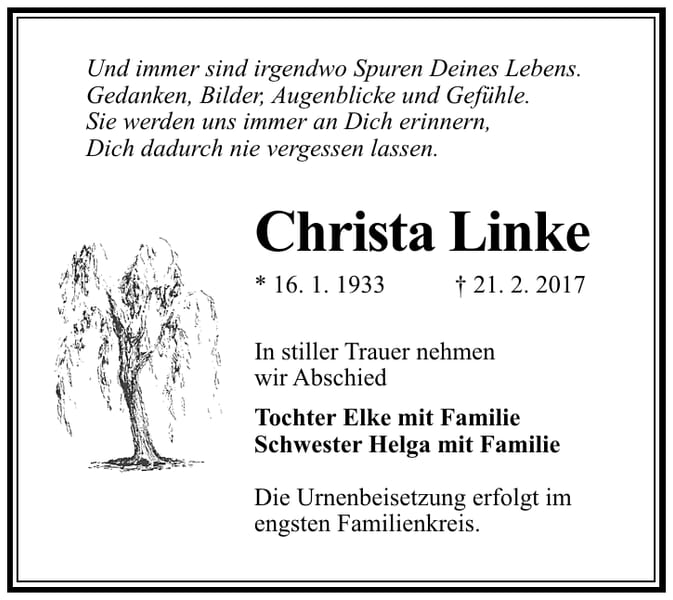 Traueranzeige Christa Linke