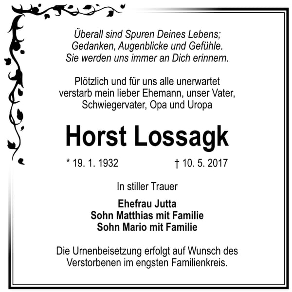 Traueranzeige Horst Lossagk