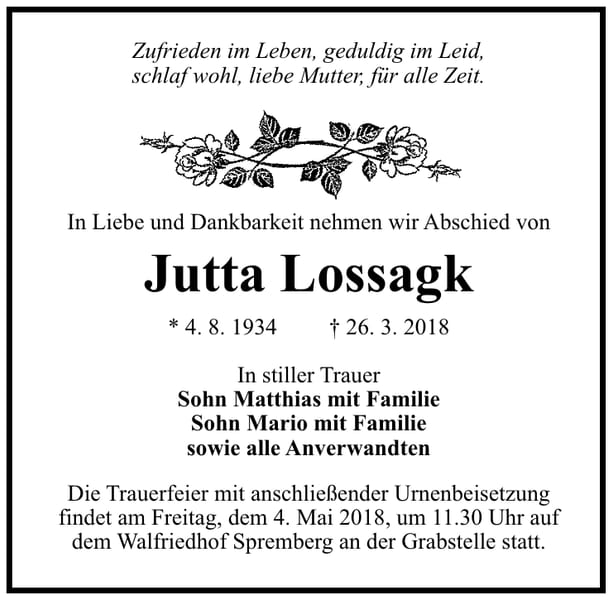 Traueranzeige Jutta Lossagk