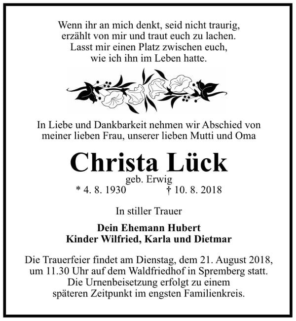 Traueranzeige Christa Lück, geb. Erwig
