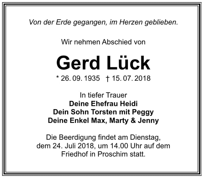 Traueranzeige Gerd Lück
