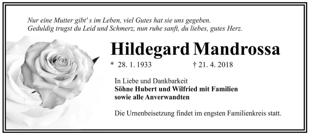 Traueranzeige Hildegard Mandrossa