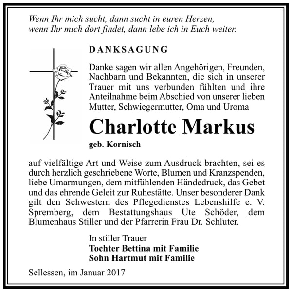 Danksagung Charlotte Markus, geb. Kornisch