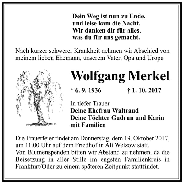Traueranzeige Wolfgang Merkel
