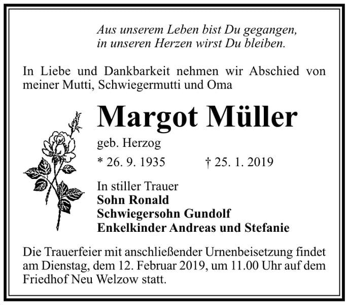 Traueranzeige Margot Müller, geb. Herzog