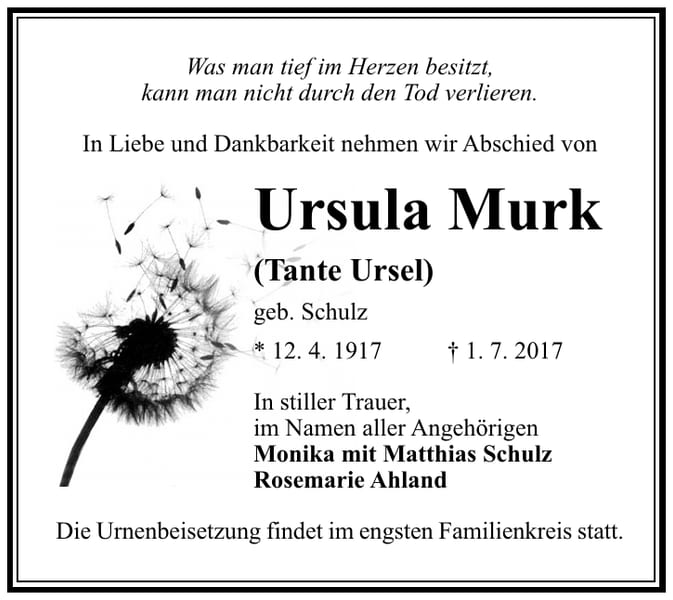 Traueranzeige Ursula Murk, geb. Schulz