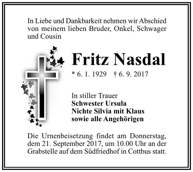 Traueranzeige Fritz Nasdal