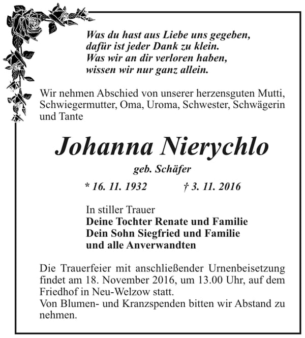 Traueranzeige Johanna Nierychlo, geb. Schäfer