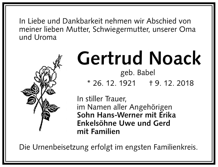 Traueranzeige Gertrud Noack, geb. Babel