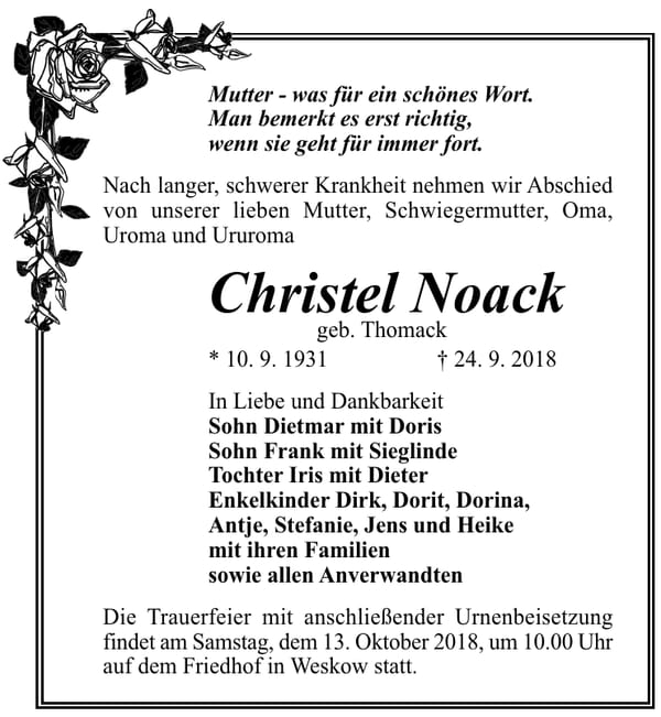 Traueranzeige Christel Noack, geb. Thomack