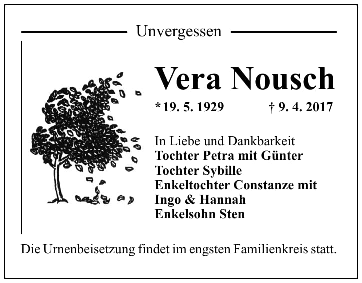 Traueranzeige Vera Nousch