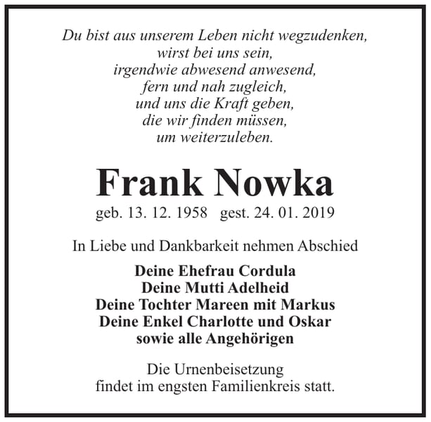 Traueranzeige Frank Nowka