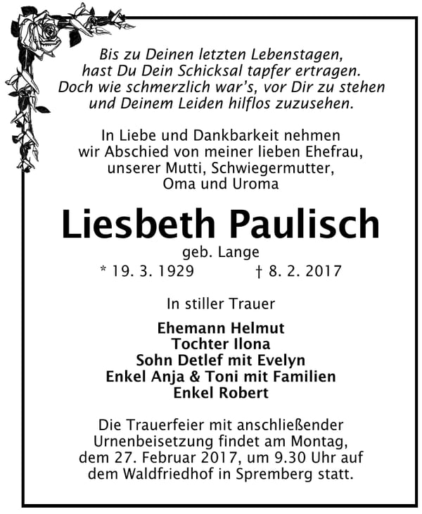 Traueranzeige Liesbeth Paulisch, geb. Lange