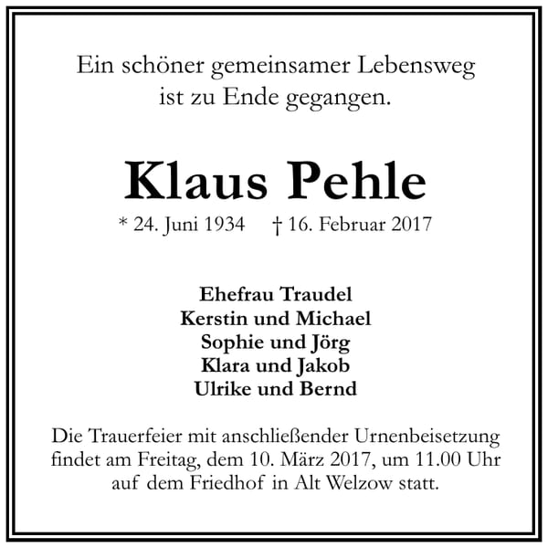Traueranzeige Klaus Pehle