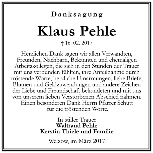 Danksagung Klaus Pehle
