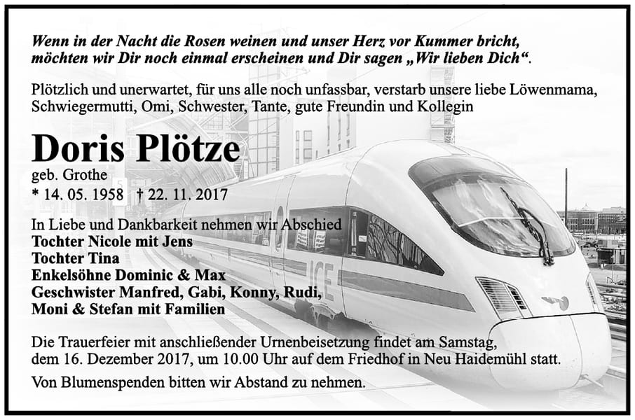 Traueranzeige Doris Plötze, geb. Grothe