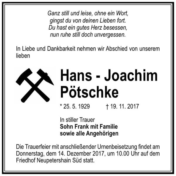 Traueranzeige Hans - Joachim Pötschke