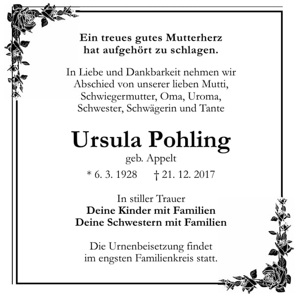Traueranzeige Ursula Pohling, geb. Appelt