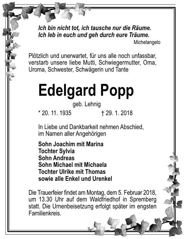 Traueranzeige Edelgard Popp, geb. Lehnig