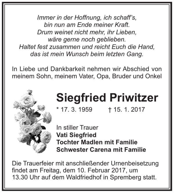 Traueranzeige Siegfried Priwitzer
