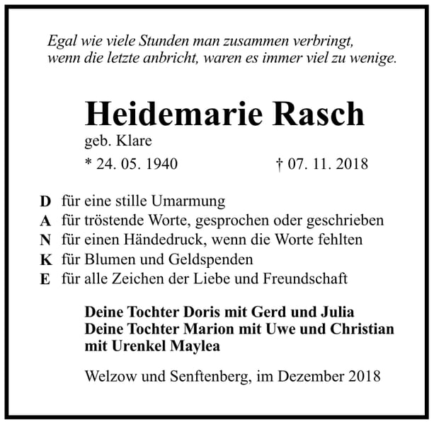 Danksagung Heidemarie Rasch, geb. Klare