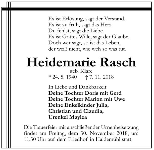 Traueranzeige Heidemarie Rasch, geb. Klare