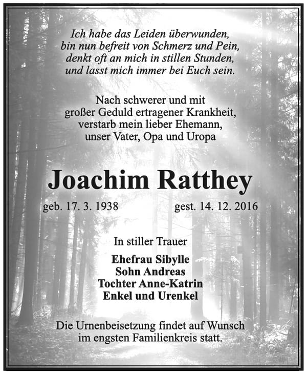 Traueranzeige Joachim Ratthey