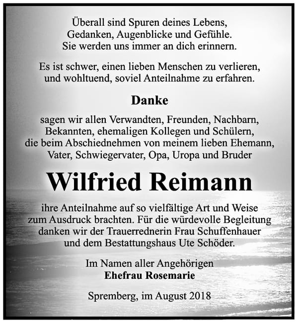 Danksagung Wilfried Reimann