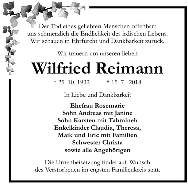 Traueranzeige Wilfried Reimann