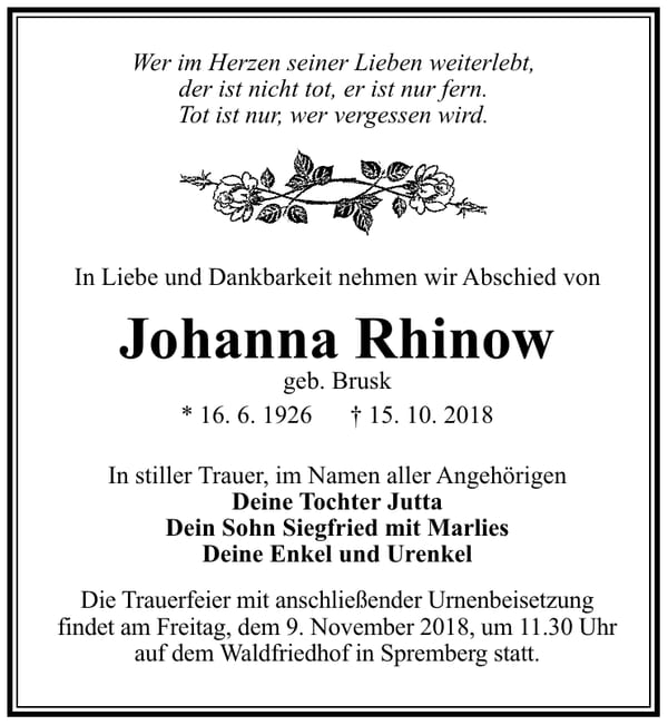 Traueranzeige Johanna Rhinow, geb. Brusk