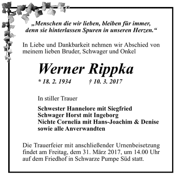 Traueranzeige Werner Rippka