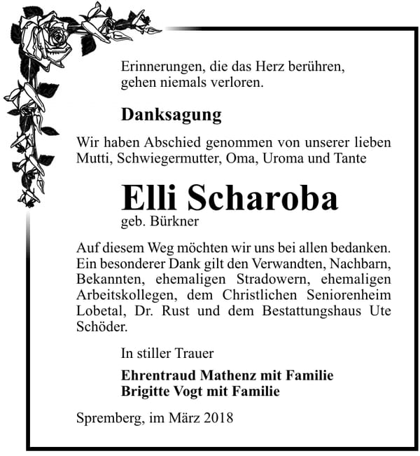 Danksagung Elli Scharoba, geb. Bürkner