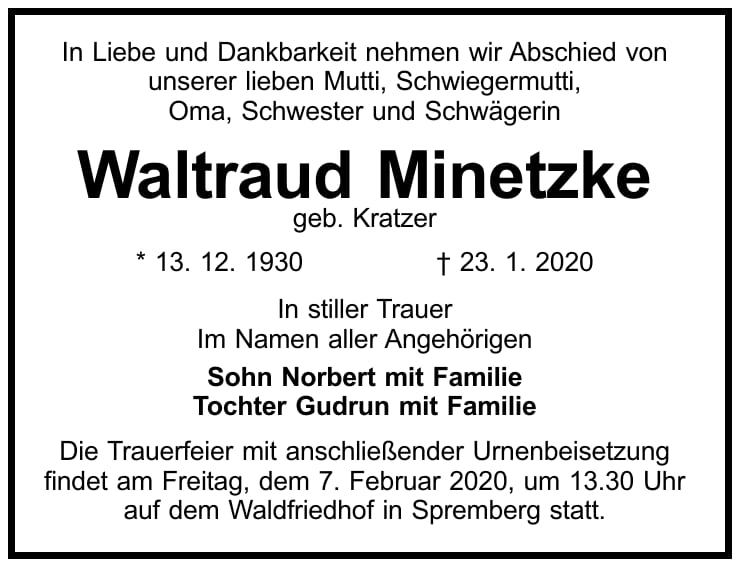 Traueranzeige Waltraud Minetzke, geb. Kratzer