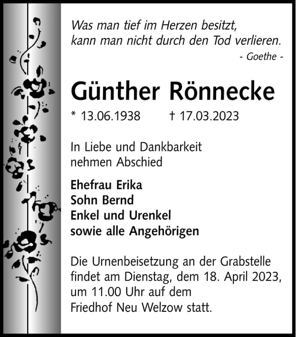 Traueranzeige Günther Rönnecke
