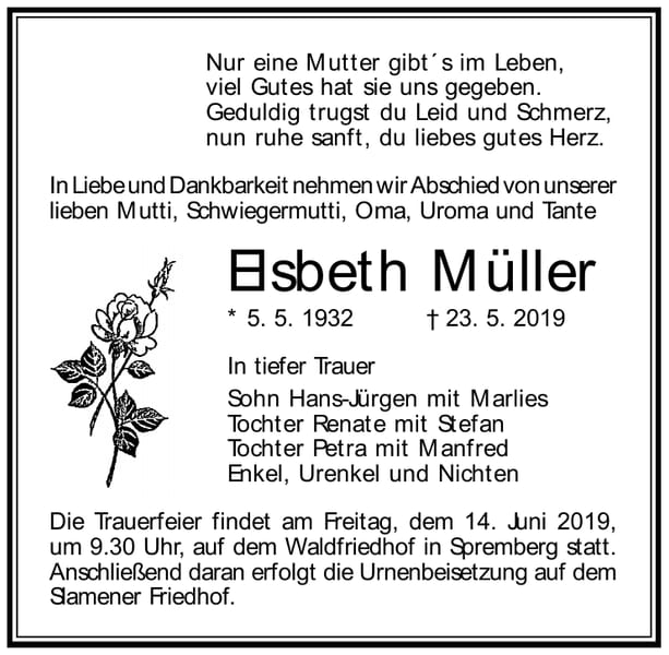 Traueranzeige Elsbeth Müller