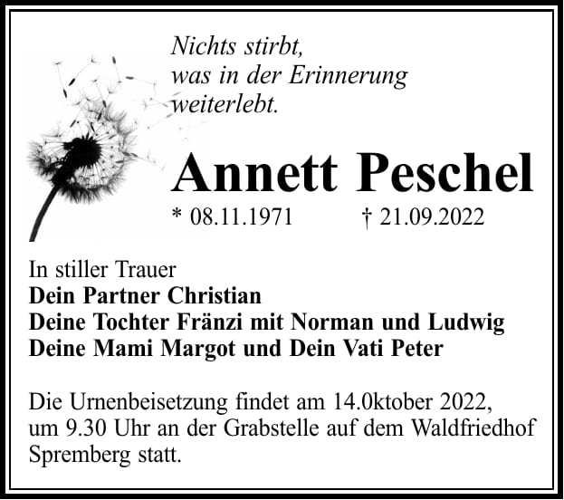 Traueranzeige Annett Peschel
