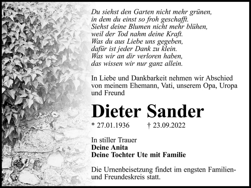 Traueranzeige Dieter Sander