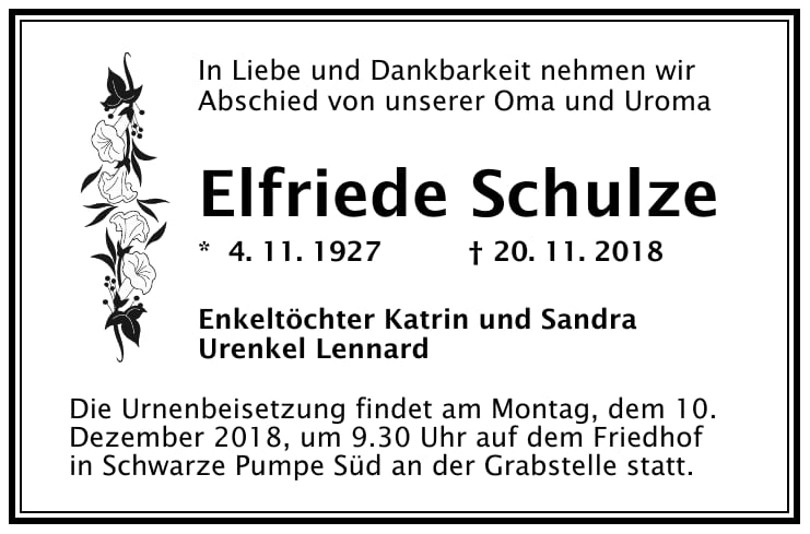Traueranzeige Elfriede Schulze