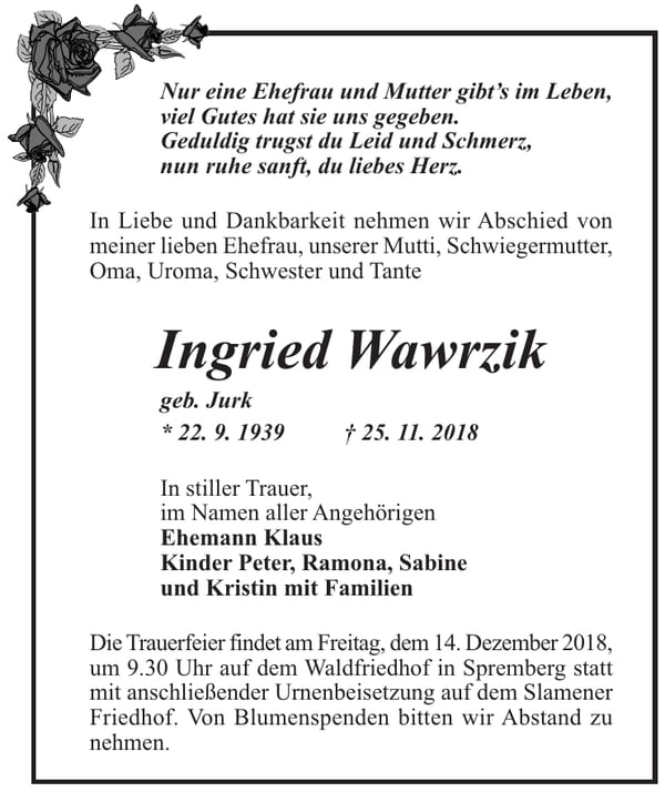 Traueranzeige Ingried Wawrzik, geb. Jurk