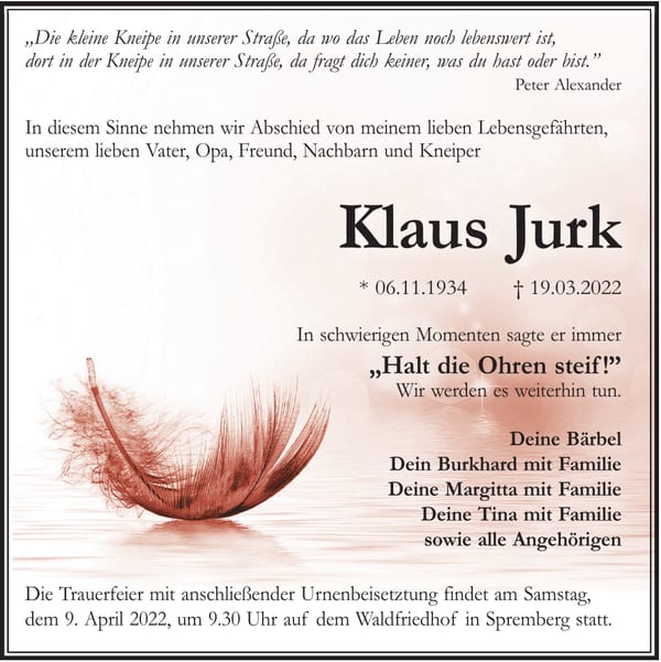 Traueranzeige Klaus Jurk