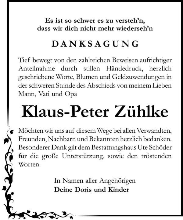 Danksagung Klaus-Peter Zühlke